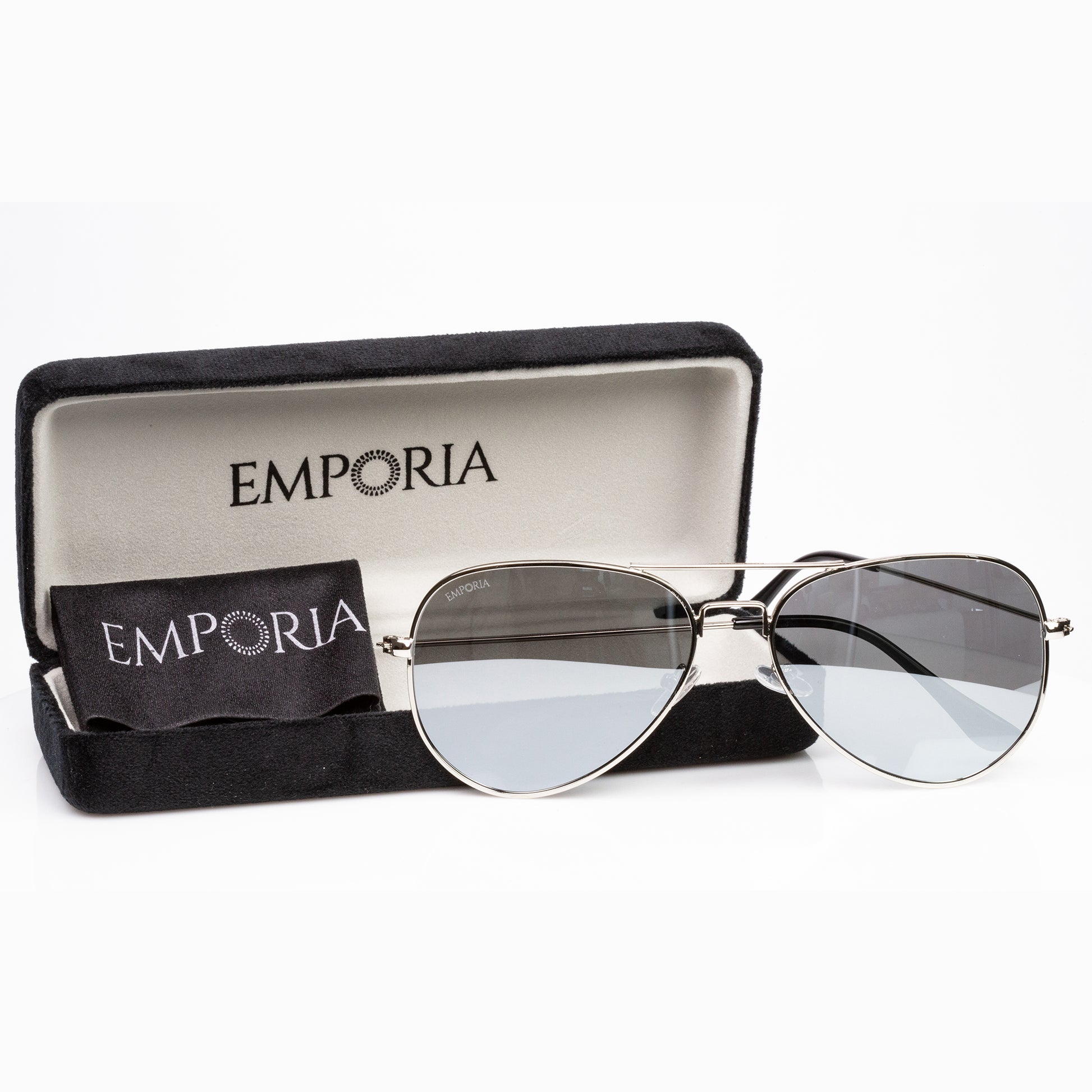 Emporia Italy - séria Aviator "KRYŠTÁL", polarizované slnečné okuliare s UV filtrem, s pevným puzdrom a čistiacou handričkou, chrómovo-strieborné šošovky, obrúčky striebornej farby 6 