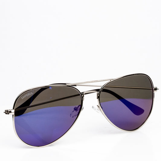 Emporia Italy - séria Aviator "LAGÚNA", polarizované slnečné okuliare s pevným puzdrom a čistiacou handričkou, modrofialové šošovky, obrúčky striebornej farby
