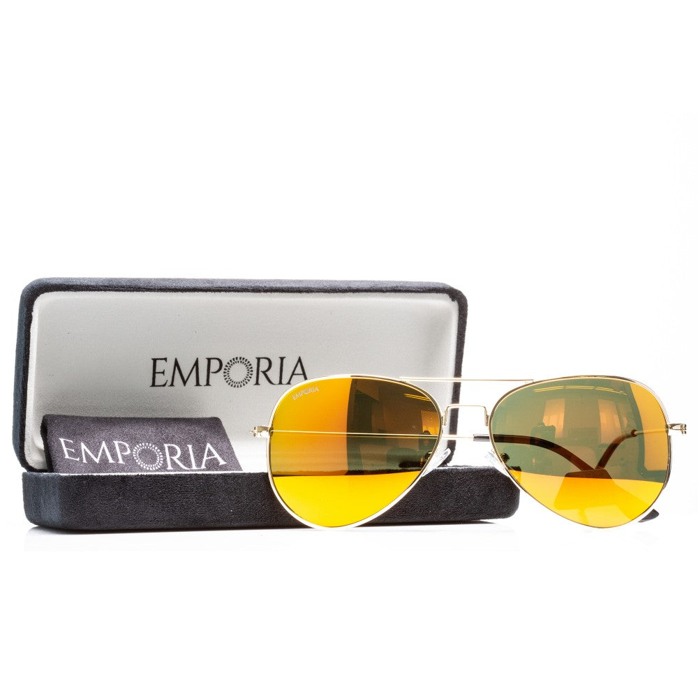 Emporia Italy - séria Aviator "SLNEČNÉ LÚČE", polarizované slnečné okuliare s pevným puzdrom a čistiacou handričkou, oranžové šošovky, obrúčky zlatej farby