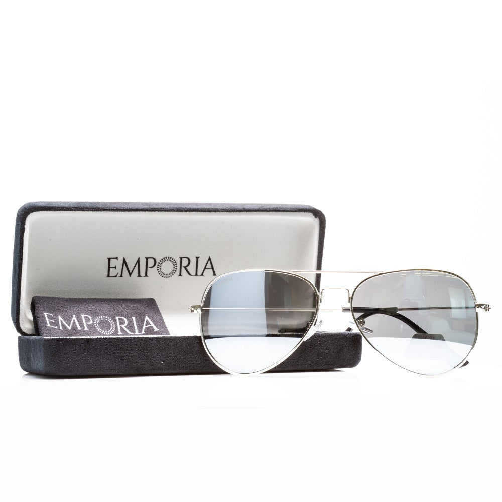 Emporia Italy - séria Aviator "KRYŠTÁL", polarizované slnečné okuliare s UV filtrem, s pevným puzdrom a čistiacou handričkou, chrómovo-strieborné šošovky, obrúčky striebornej farby