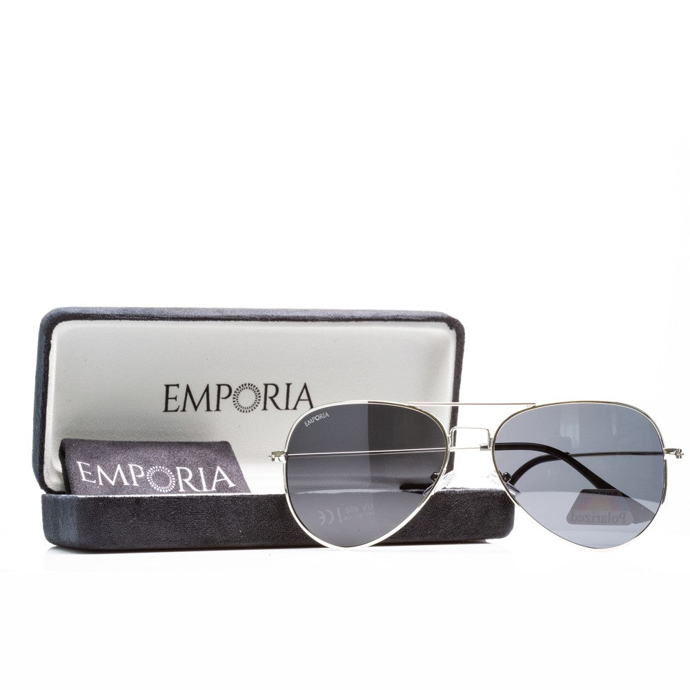 Emporia Italy - séria Aviator "ŠÉF", polarizované slnečné okuliare s UV filtrem, s pevným puzdrom a čistiacou handričkou, tmavosivé šošovky, obrúčky striebornej farby