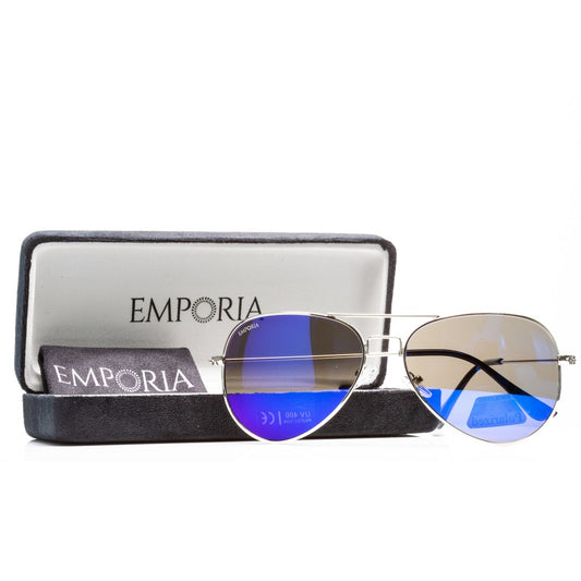 Emporia Italy - séria Aviator "LAGÚNA", polarizované slnečné okuliare s pevným puzdrom a čistiacou handričkou, modrofialové šošovky, obrúčky striebornej farby