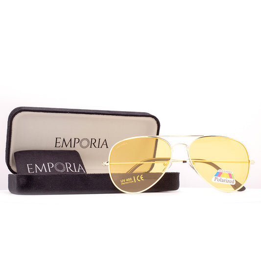 Emporia Italy - séria Aviator "HOLLYWOOD", polarizované slnečné okuliare s UV filtrem, s pevným puzdrom a čistiacou handričkou, žlté šošovky, obrúčky zlatej farby