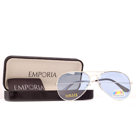 Emporia Italy - séria Aviator "ĽAD", polarizované slnečné okuliare s UV filtrem, s pevným puzdrom a čistiacou handričkou, svetlomodré šošovky, obrúčky striebornej farby