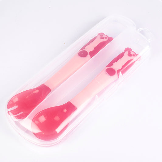 Súprava detskej lyžičky a vidličky s tepelným senzorom, ohýbateľná, bez BPA, farba: ružová