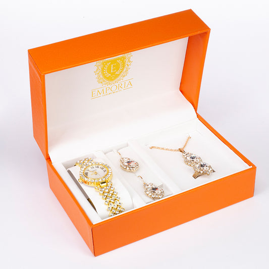 5dielna sada šperkov Emporia prémiovej kvality s hodinkami, retiazkou, príveskom, náušnicami a prsteňom v exkluzívnej darčekovej krabičke s koženým efektom