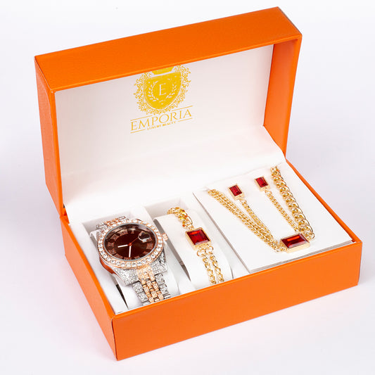 4dielna, prémiová sada šperkov Emporia s hodinkami, náhrdelník, náramok a uši, v exkluzívnej darčekovej krabičke s koženým efektom