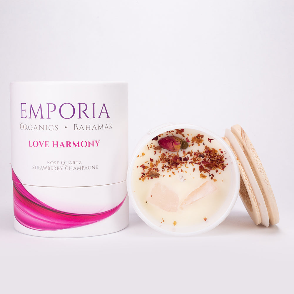 Emporia Organics Sklenená Sviečka: Bahamy - LOVE HARMONY, s Ruženínom, s vôňou jahôd a šampanského, 100% sójový vosk, 230 g 1 