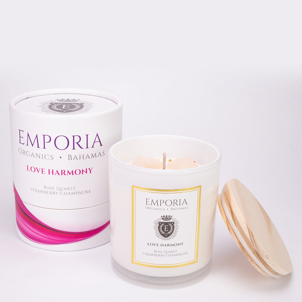 Emporia Organics Sklenená Sviečka: Bahamy - LOVE HARMONY, s Ruženínom, s vôňou jahôd a šampanského, 100% sójový vosk, 230 g 2 