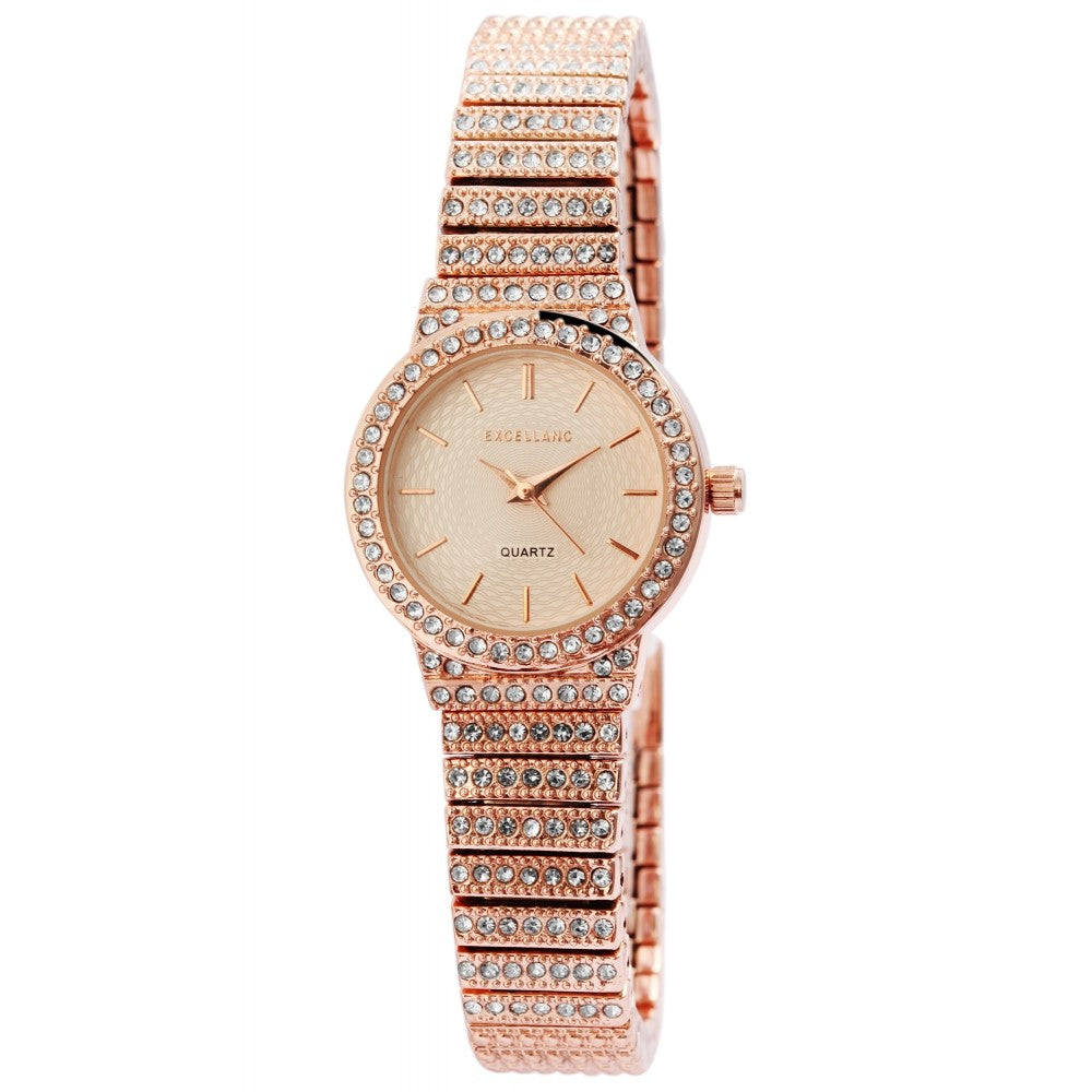 Dámske náramkové hodinky Excellanc s kovovým remienkom, farba ružového zlata, japonský quartzový strojček PC21, strieborný ciferník