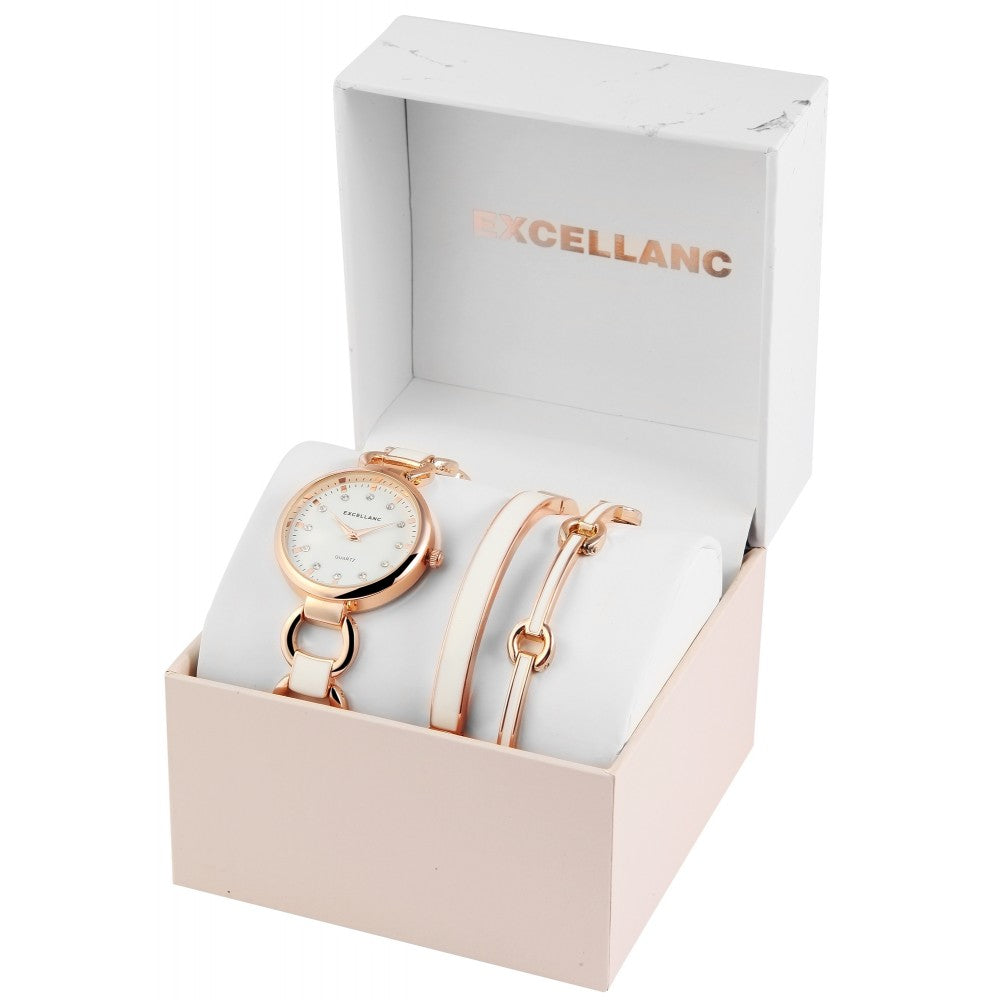 Excellanc dámske hodinky s 2 náramkami EX0429, farba ružového zlata, vysoko kvalitný kremenný mechanizmus, ciferník bielej farby