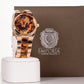 Dámske hodinky vo farbe ružového zlata s tigrími prúžkami a ciferníkom s rímskymi číslicami
