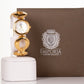 AW dámske hodinky vo farbe zlata s remienkom so symbolom nekonečna a 4 kryštálmi kremeňa