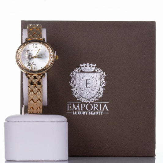YELLOW GOLD, woman alloy SKYLINE watch with flower dial and quartz crystals with Gift box
