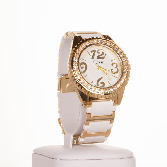 CUSSI dámske hodinky v zlatej farbe s kryštálmi kremeňa okolo ciferníka
