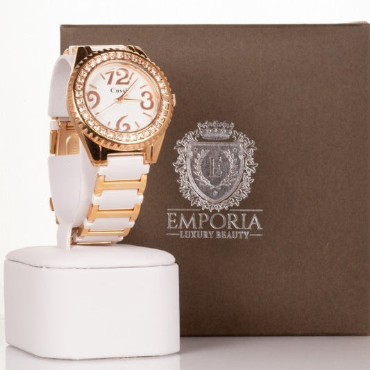 CUSSI dámske hodinky vo farbe ružového zlata s bielym remienkom a kryštálmi kremeňa okolo ciferníka