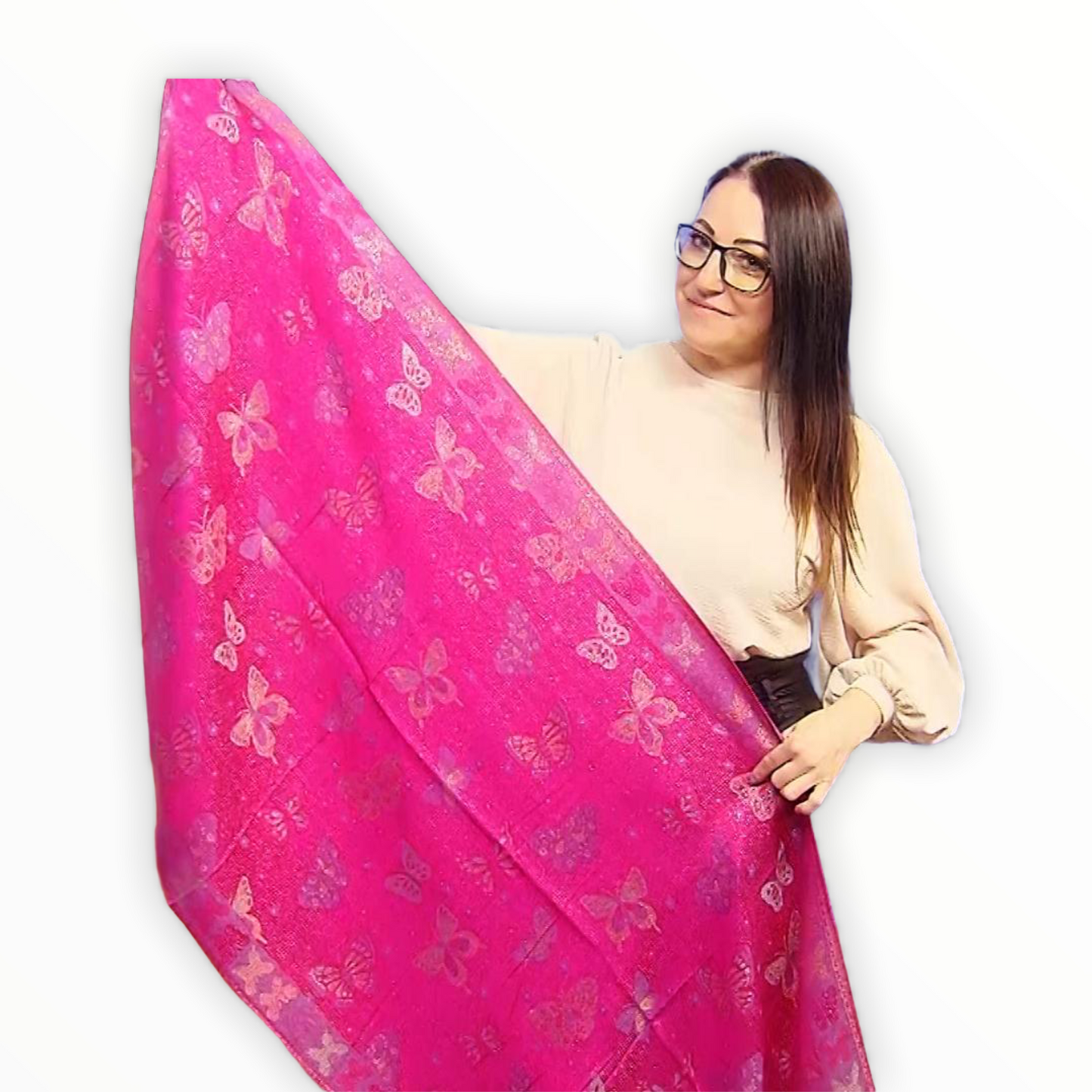 Šál-šatka zo 100% Pravého Pashmina Kašmíru, 70 cm x 170 cm, Lesklá fuchsiová růžová farba, Motýlí vzor
