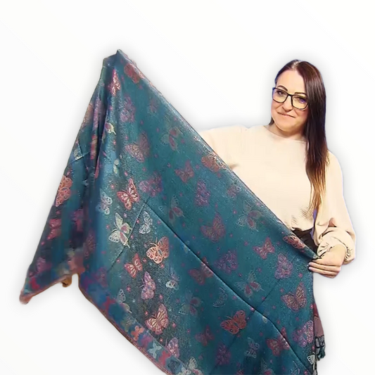 Šál-šatka zo 100% Pravého Pashmina Kašmíru, 70 cm x 170 cm, Zelenomodrá farba s motýľom vzorom