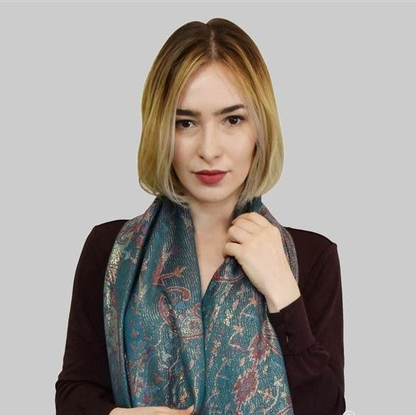 Šál-šatka zo 100% Pravého Pashmina Kašmíru, 70 cm x 180 cm, Lesklý zeleno modrý kašmírový vzor 5 