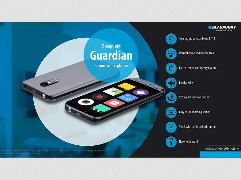 Blaupunkt Guardian Ergonomický Chytrý Telefón Nezávislý na SIM karte s Funkciou Tiesňového Volania
