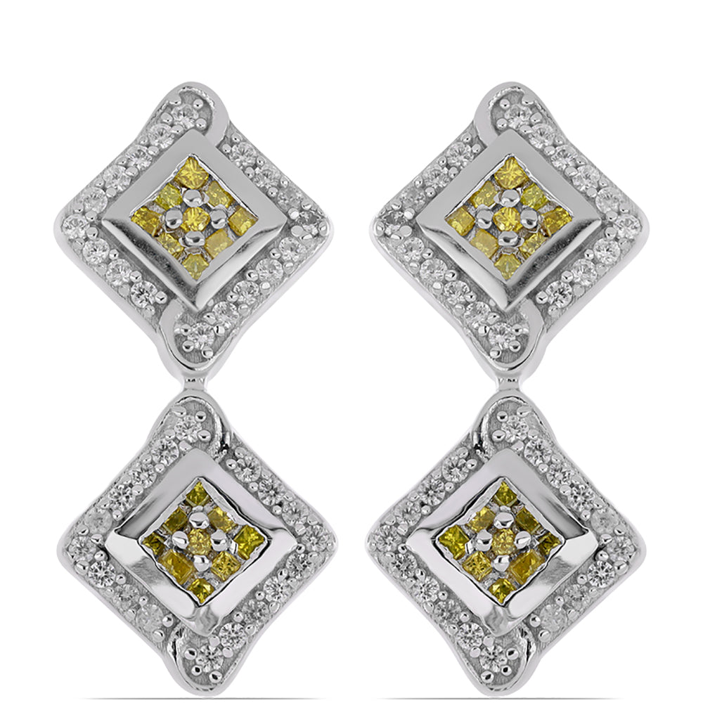 Strieborné Náušnice s so Žltým Diamantom a Bielym Zirkónom
