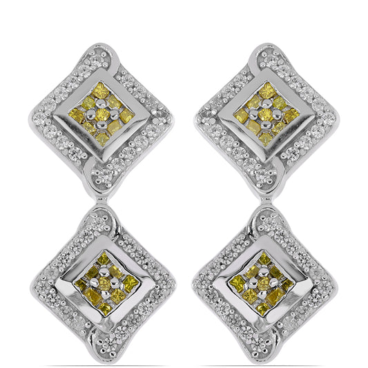 Strieborné Náušnice s so Žltým Diamantom a Bielym Zirkónom