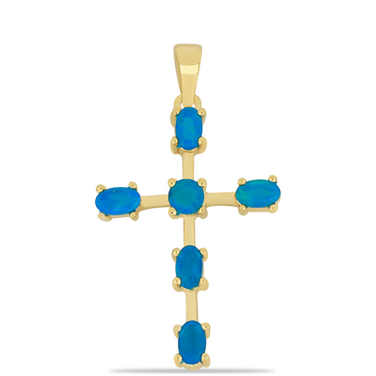 Kríž Pozlátený Strieborný Prívesok s Etiópskym Paraiba Modrým Opálom